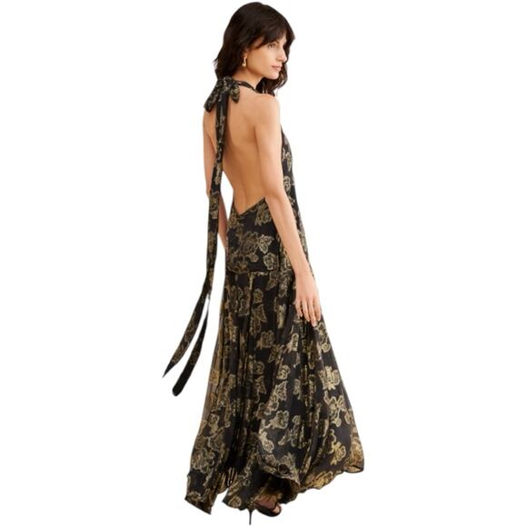 Free People Open Back Maxi Dress Black and Gold Metallic Size Small - Picture 6 of 9